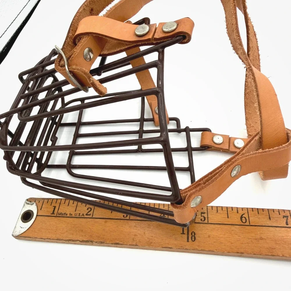 Vintage Wire Basket Dog Muzzle Leather Straps Metal Cage Adjustable Primitive